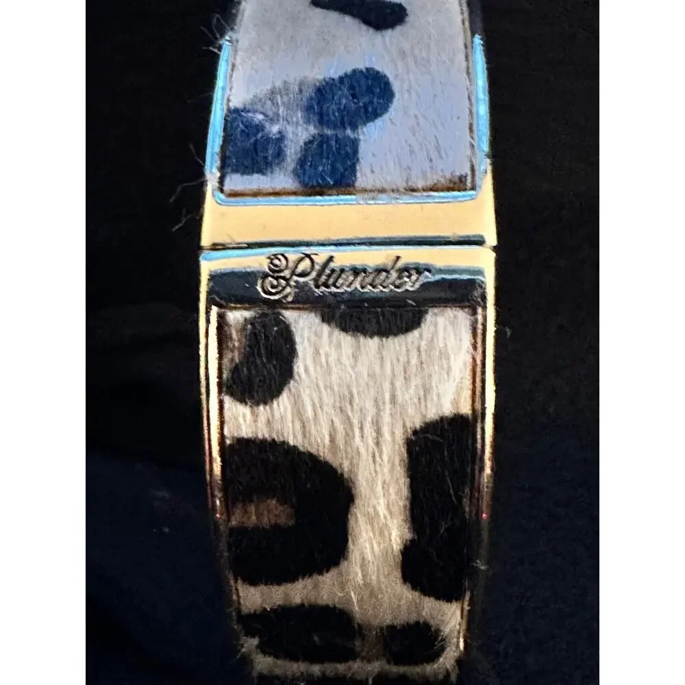 Plunder Gold Tone Leopard Print Hinged Bangle Cuff Bracelet
